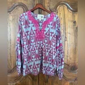 Irving & Fine Magenta and Light Blue Ikat Embroidered Silk Tunic XL
